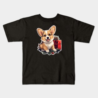 Christmas Happy Corgi with holly and gift Kids T-Shirt